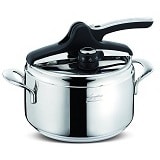 Olla a presión 7 litros Cuerpo de acero inoxidable Fondo de tres capas Diámetro 22 cm Equipado con cesto y ecodosis incluidos Fondo Lagoplan apto para todas las placas de cocción incluida la inducción Válvula de funcionamiento fácil de usar y limpiar Apto para lavavajillas Incluye libro de recetas